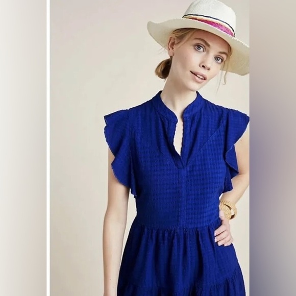 Anthropologie Blue Texture Linen Blend Flutter Sleeve Amadi Adler Tunic Dress XS - Picture 4 of 12